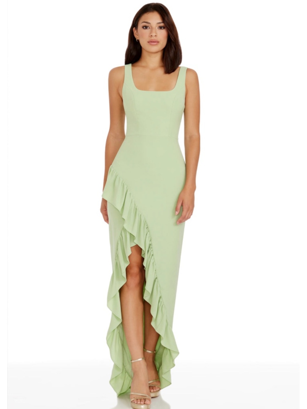 NWT Dress the Population Charlene Dress Sage Asymmetrical Ruffle Dress Small